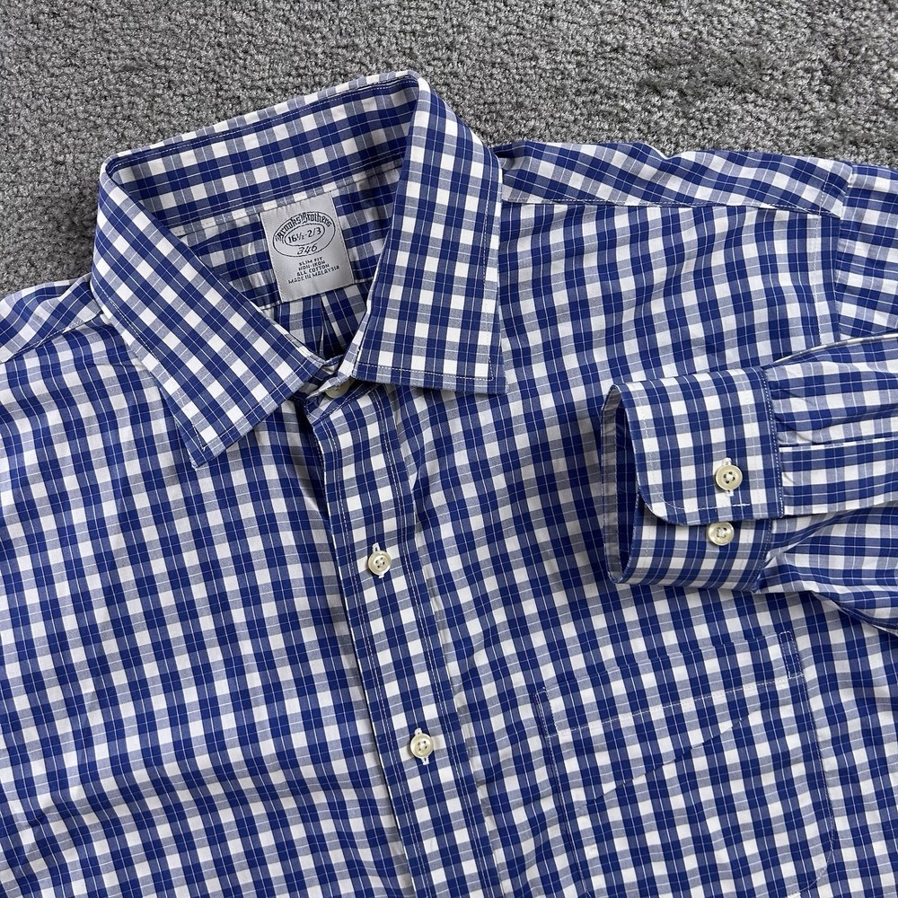 Brooks Brothers 346 Mens L 16.5 2/3 Slim Fit Non-Iron Gingham Dress Shirt Blue